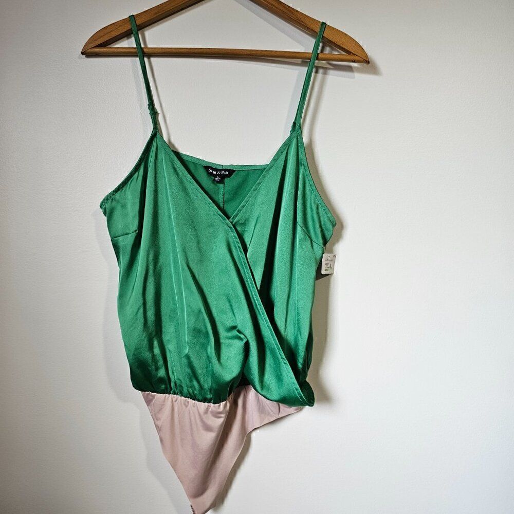 NWT STRUT & BOLT SATIN GREEN SURPLICE SPAGHETTI TANK BODYSUIT SIZE L